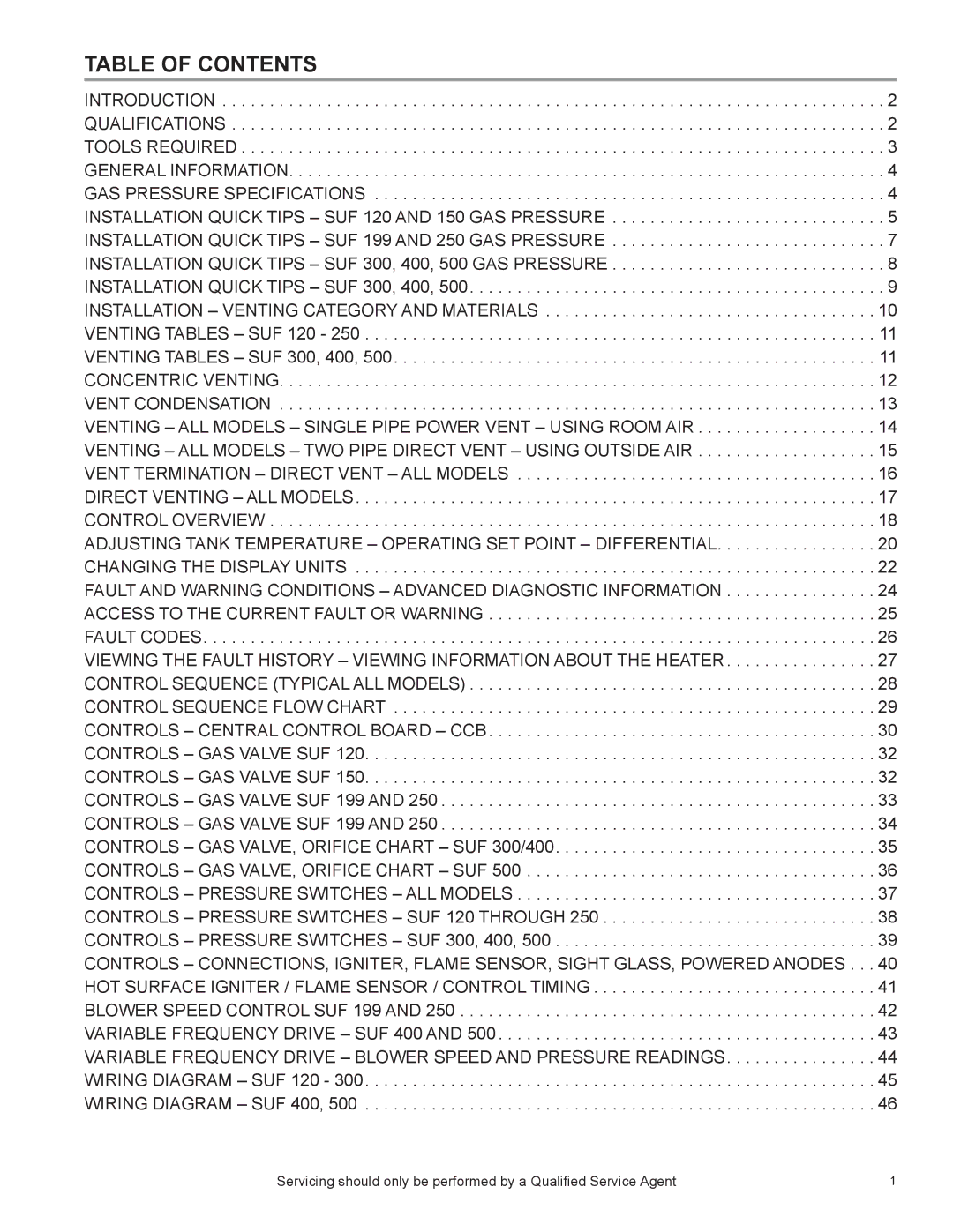 State Industries SUF 130 THRU 500, SUF 100 THRU 250, SUF 60 THRU 120 manual Table of Contents 