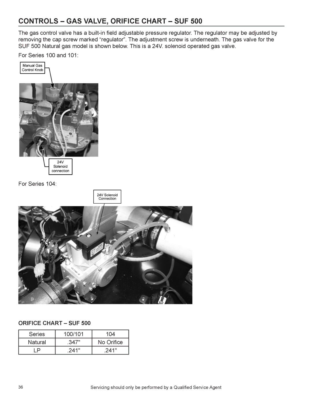 State Industries SUF 60 THRU 120, SUF 130 THRU 500, SUF 100 THRU 250 manual Controls GAS VALVE, Orifice Chart SUF 