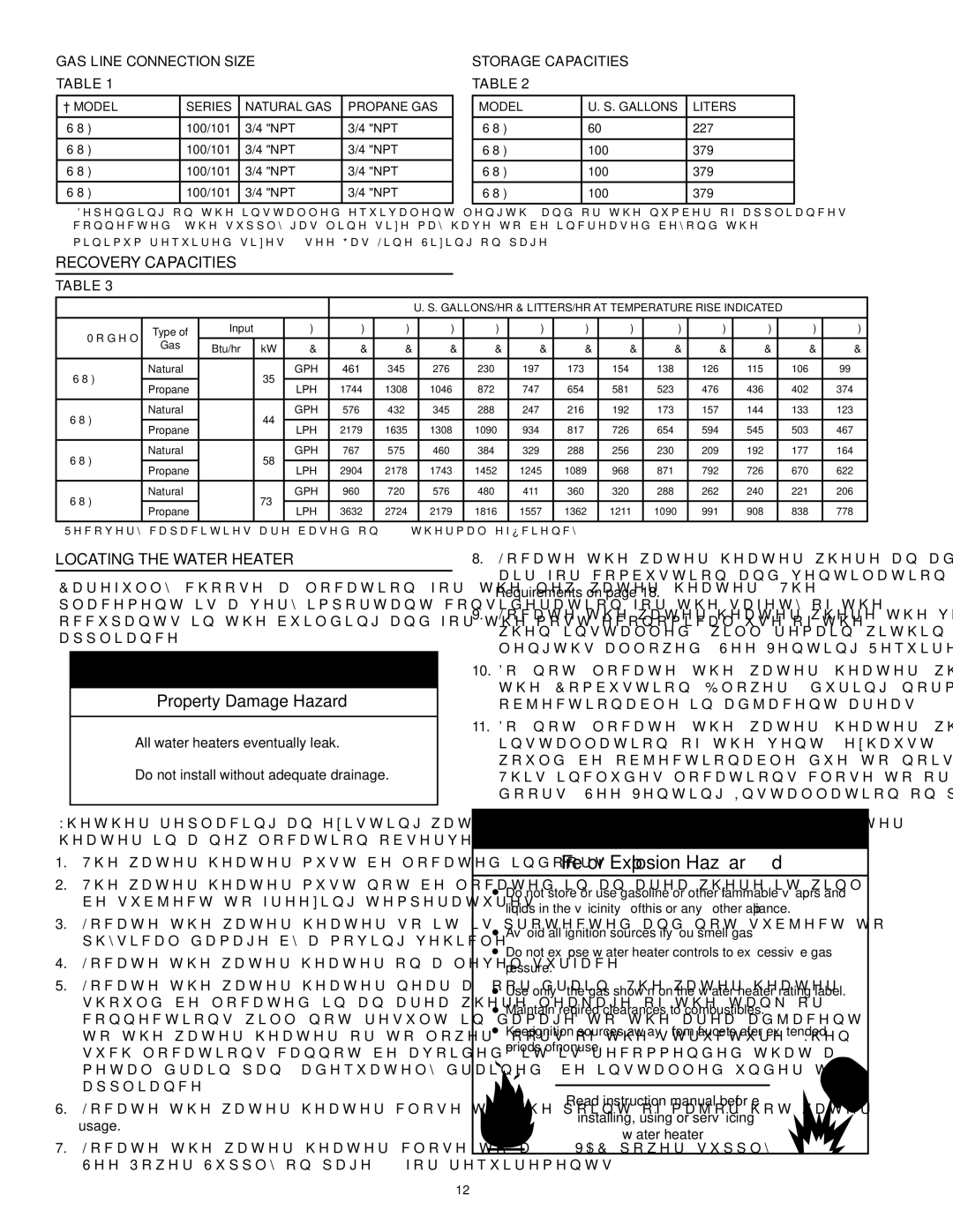 State Industries SUF-60-120 Recovery Capacities, Locating The Water Heater, Gas Line Connection Size, Storage Capacities 