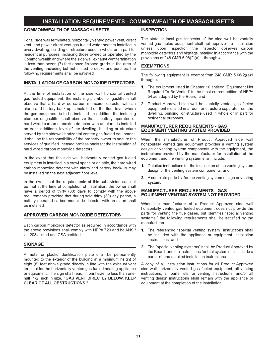 State Industries SUF-100-250, SUF-60-120 instruction manual Commonwealth of Massachusetts, Inspection 