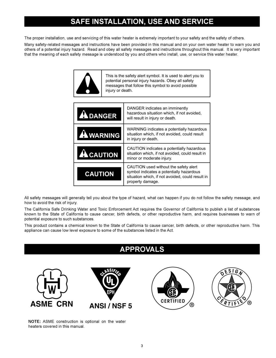 State Industries SUF-100-250, SUF-60-120 instruction manual Safe Installation, Use and Service, Approvals 