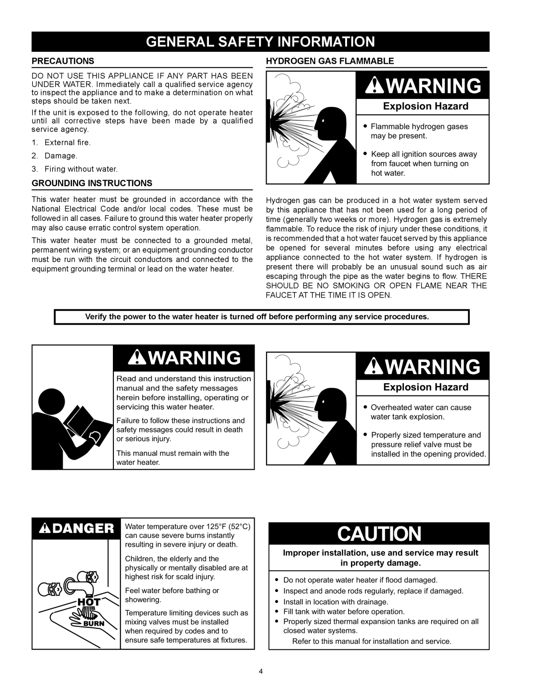 State Industries SUF-60-120, SUF-100-250 instruction manual General Safety Information, Precautions, Hydrogen Gas Flammable 