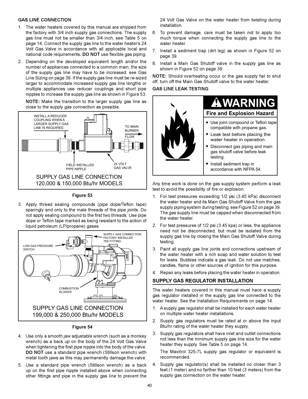 State Industries SUF-60-120, SUF-100-250 Supply Gas Regulator Installation, Gas Line Connection, Gas Line Leak Testing 