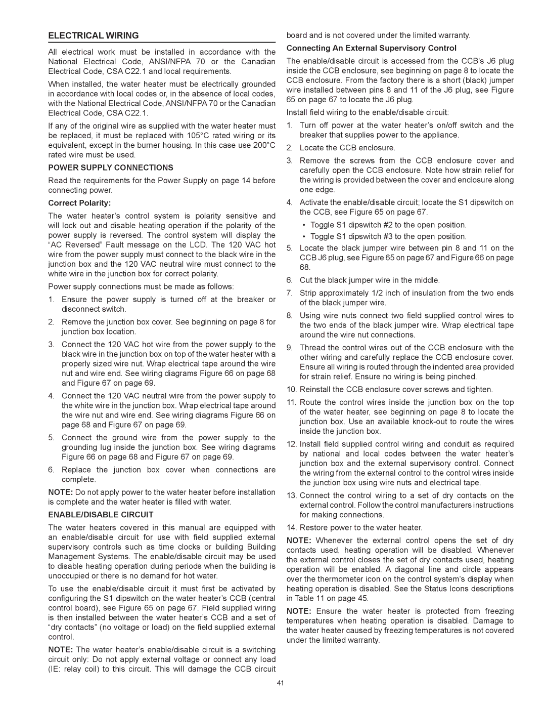 State Industries SUF-100-250 Electrical Wiring, Power Supply Connections, Correct Polarity, Enable/Disable Circuit 