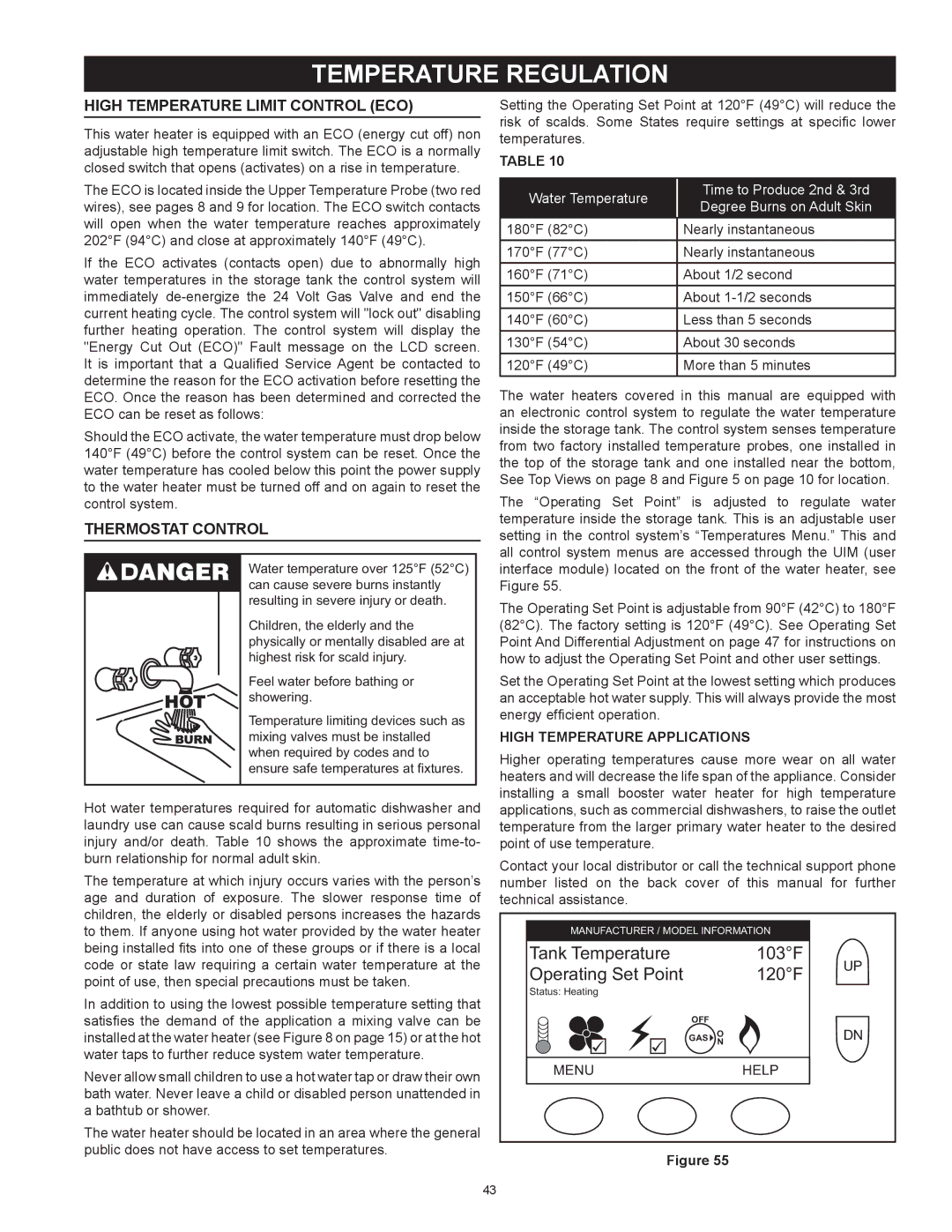 State Industries SUF-100-250, SUF-60-120 Temperature Regulation, High Temperature Limit Control ECO, Thermostat Control 