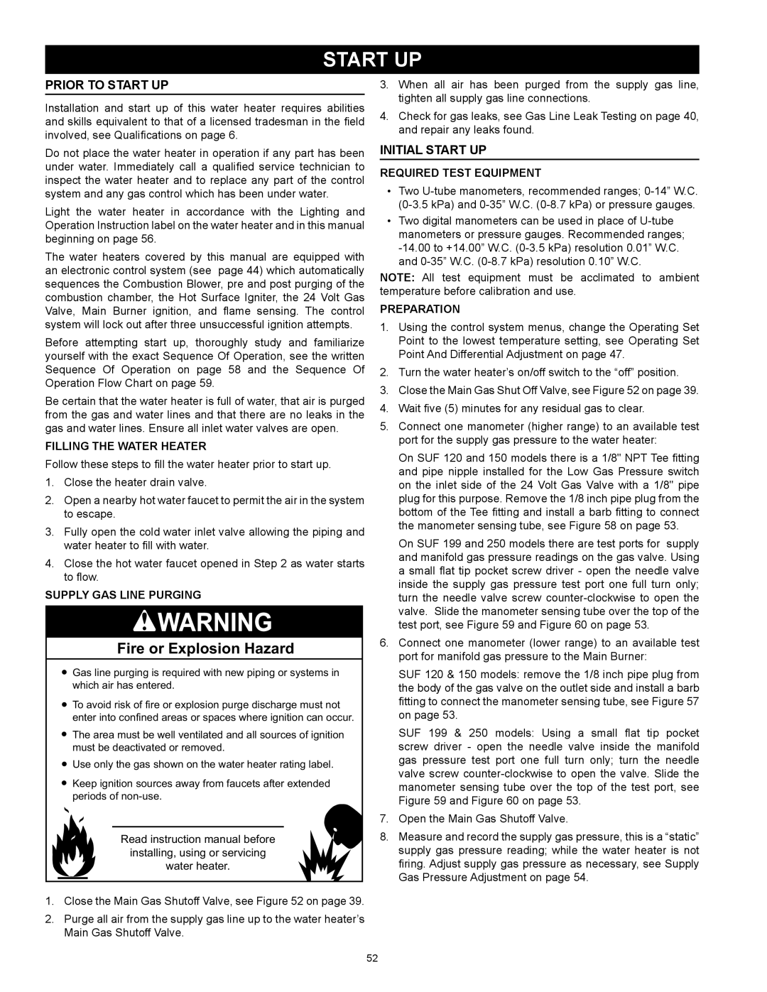 State Industries SUF-60-120, SUF-100-250 instruction manual Prior to Start up, Initial Start Up 