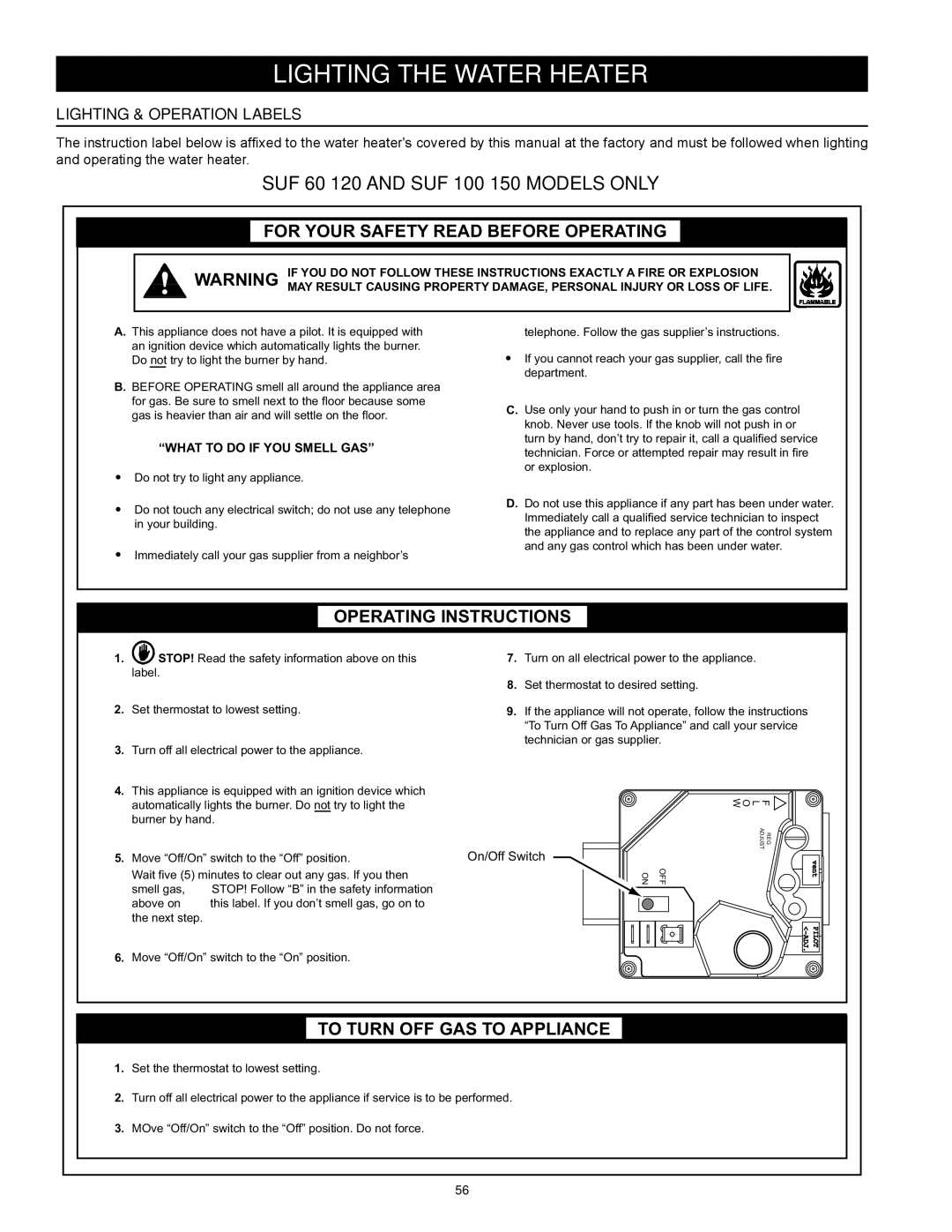 State Industries SUF-60-120 Lighting The Water Heater, SUF 60 120 and SUF 100 150 Models only, Lighting & Operation Labels 