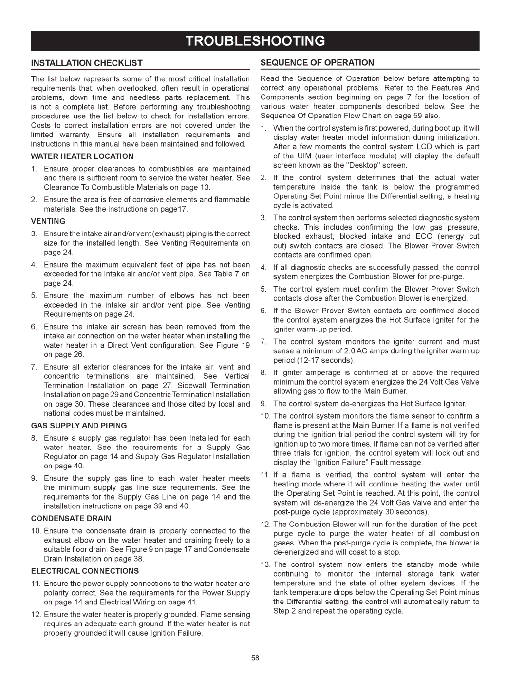 State Industries SUF-60-120, SUF-100-250 instruction manual Troubleshooting, Installation Checklist, Sequence Of Operation 