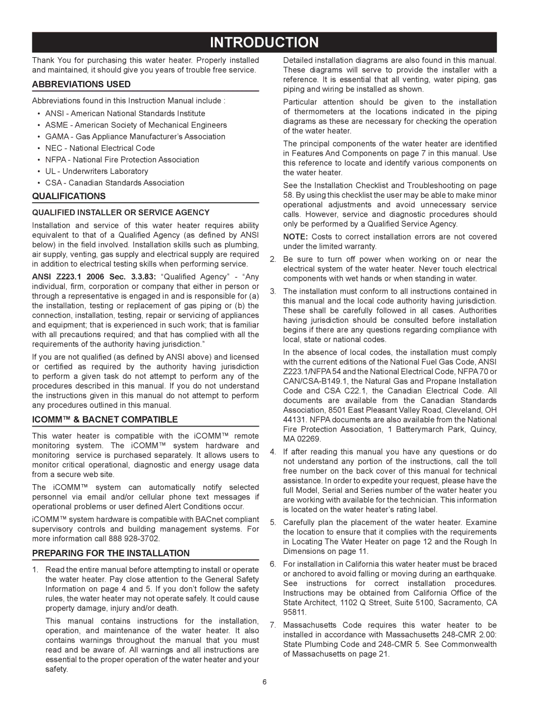 State Industries SUF-60-120, SUF-100-250 Introduction, Abbreviations Used, Qualifications, ICOMM & BACnet Compatible 