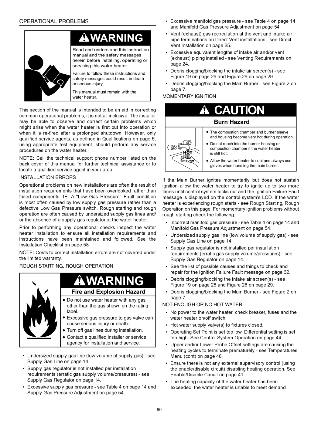 State Industries SUF-60-120 Operational Problems, Installation Errors, Rough Starting, Rough Operation, Momentary Ignition 