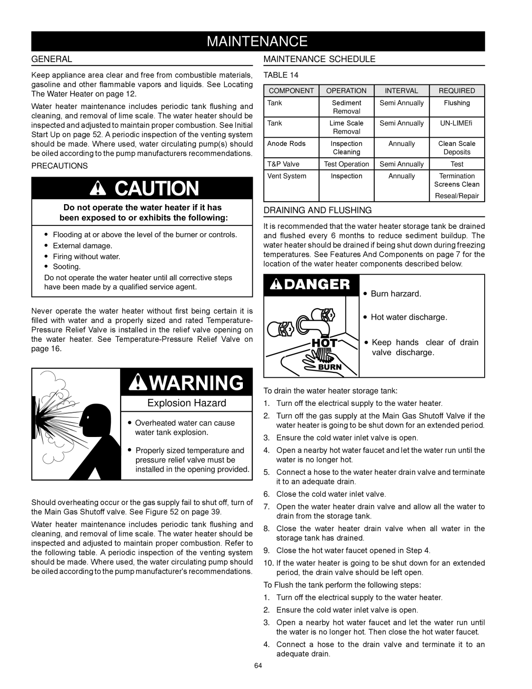 State Industries SUF-60-120, SUF-100-250 instruction manual General, Maintenance Schedule, Draining And Flushing 