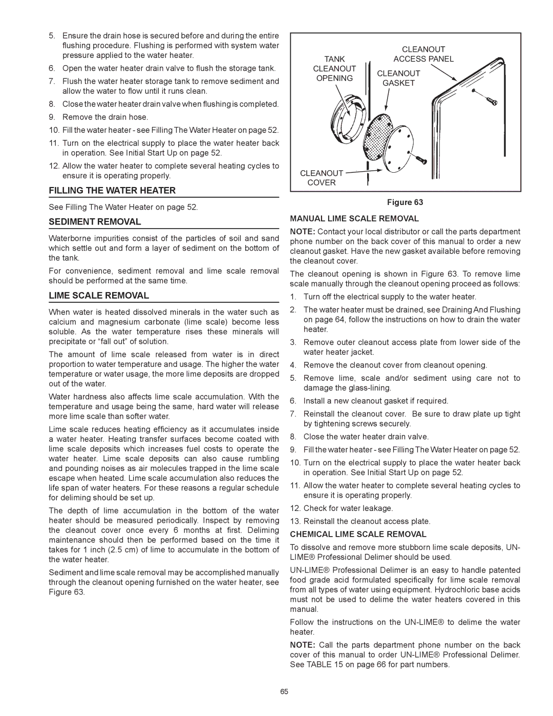 State Industries SUF-100-250, SUF-60-120 Filling The Water Heater, Sediment Removal, Manual Lime Scale Removal 