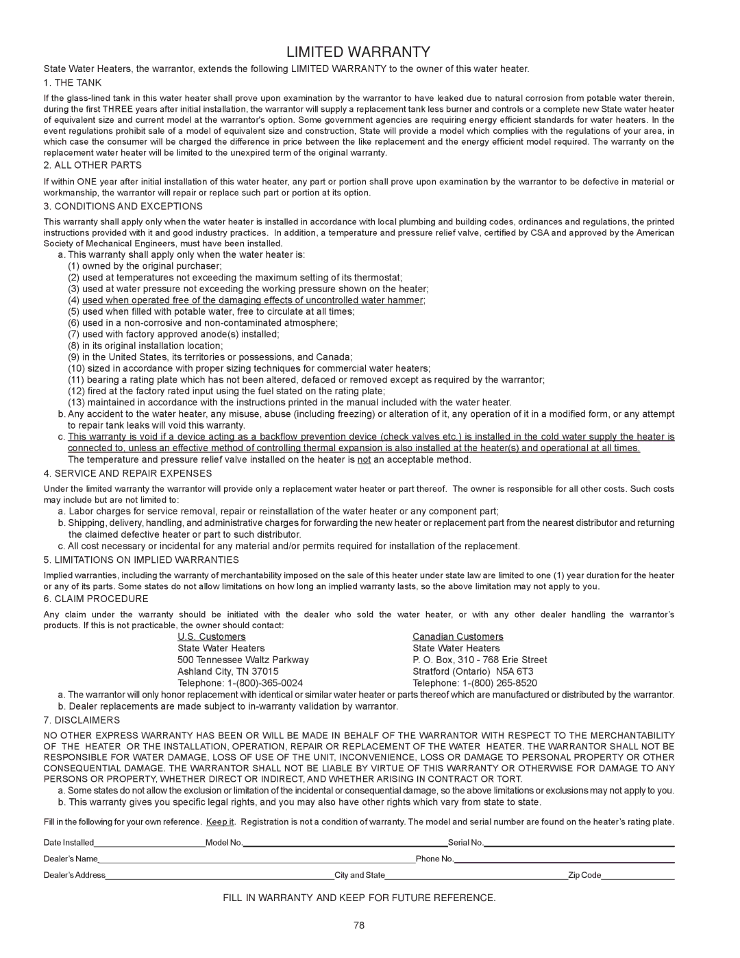 State Industries SUF-60-120, SUF-100-250 instruction manual Limited Warranty 