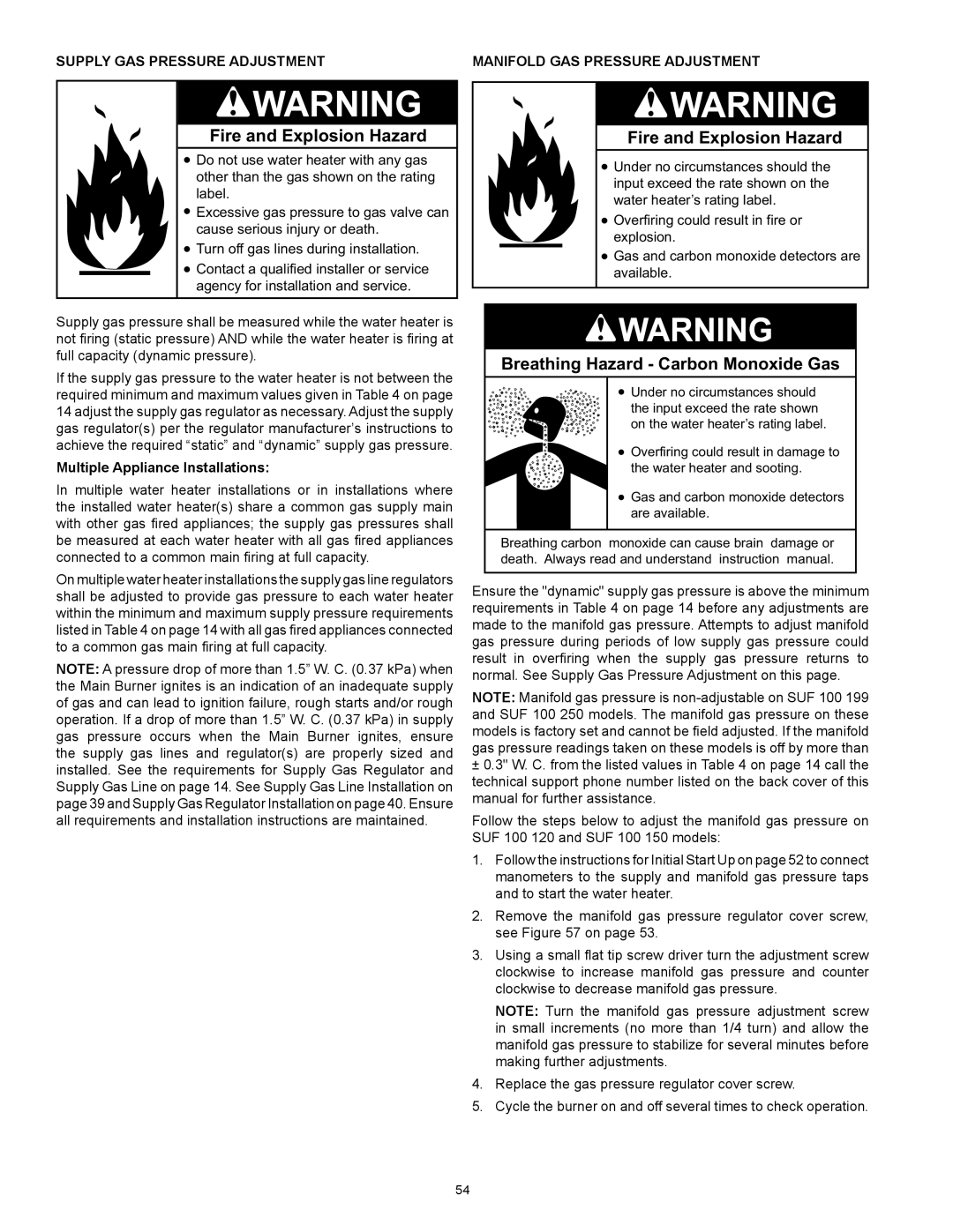 State Industries SUF-60-120, SUF-100-250 Fire and Explosion Hazard, Breathing Hazard - Carbon Monoxide Gas 