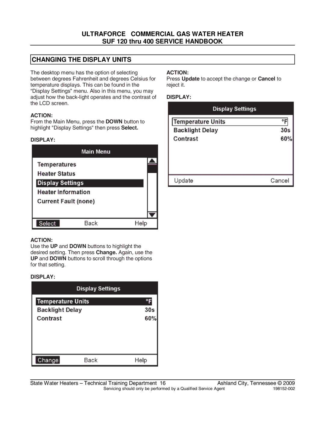 State Industries SUF100150, SUF100199 manual Changing the Display Units 