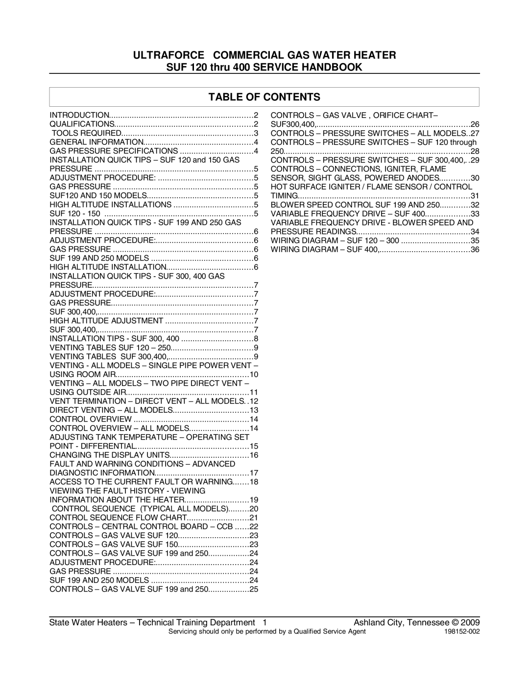 State Industries SUF100199, SUF100150 manual Ultraforce Commercial GAS Water Heater, Table of Contents 