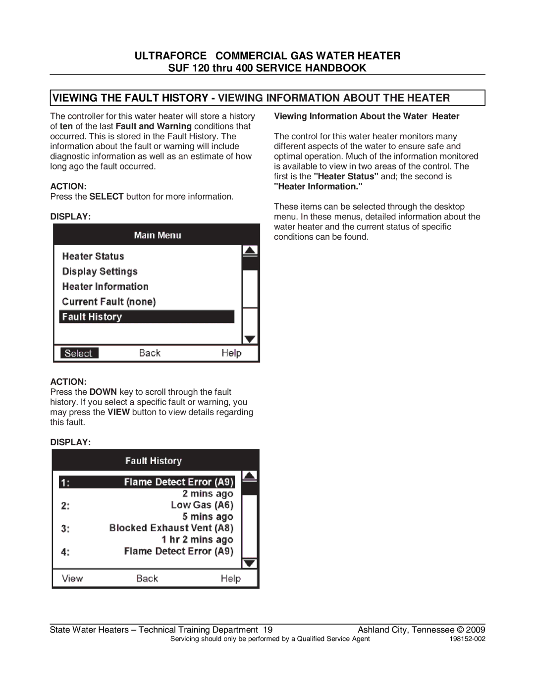 State Industries SUF100199, SUF100150 manual Viewing Information About the Water Heater 