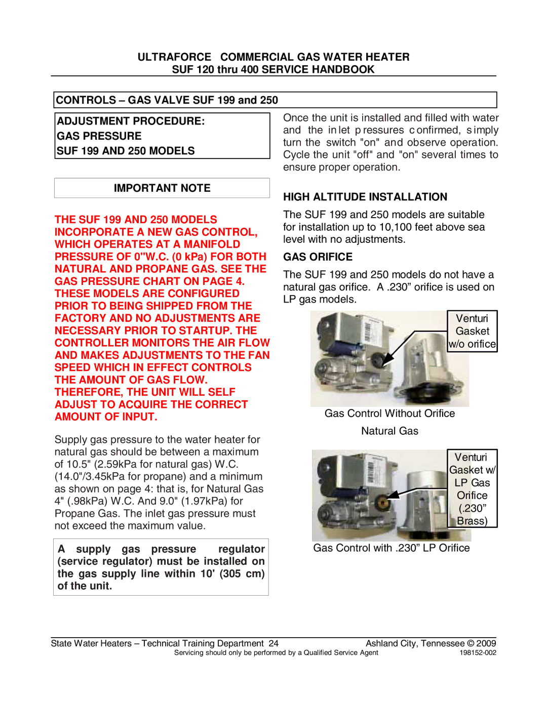 State Industries SUF100150, SUF100199 manual SUF 120 thru 400 Service Handbook Controls GAS Valve SUF 199 