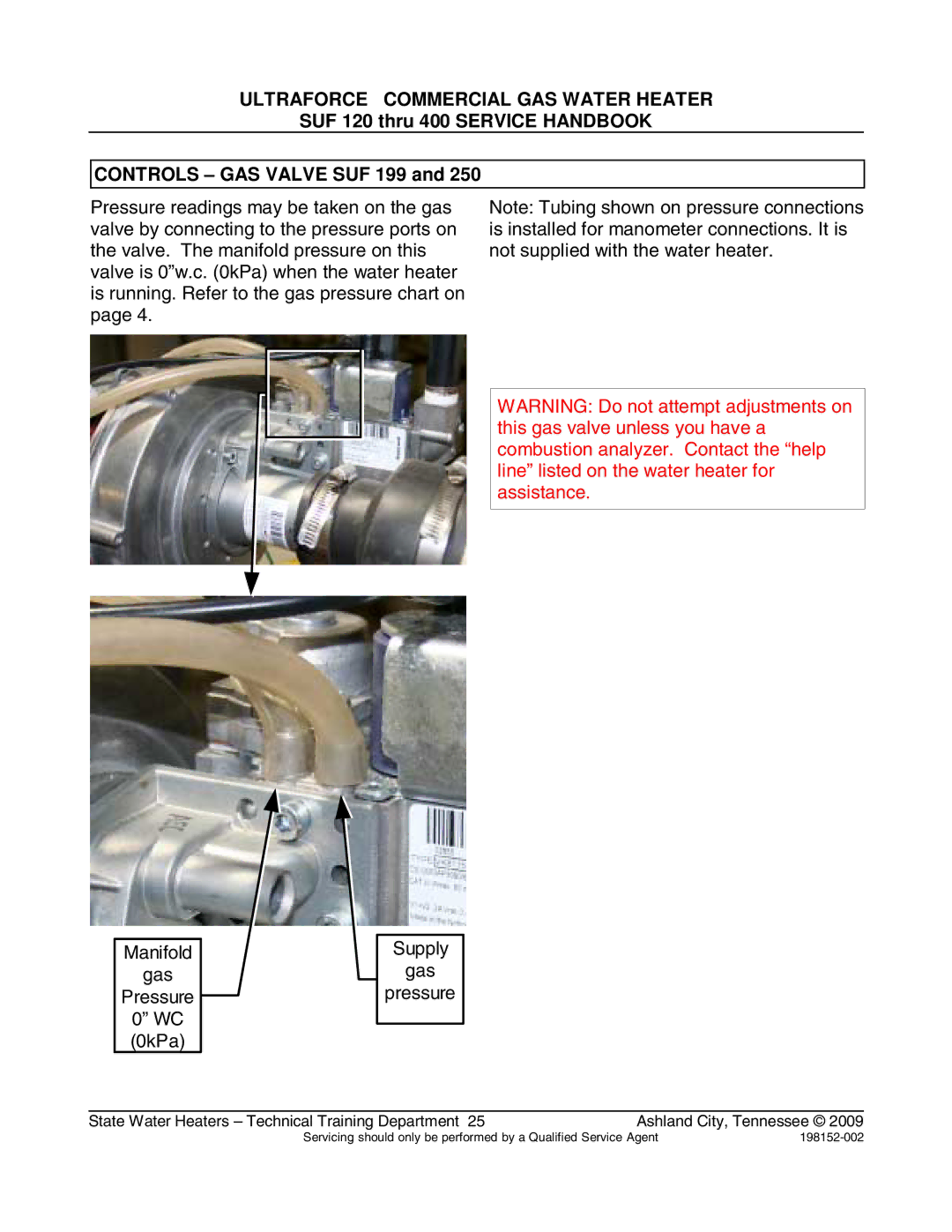 State Industries SUF100199, SUF100150 manual Supply gas pressure 