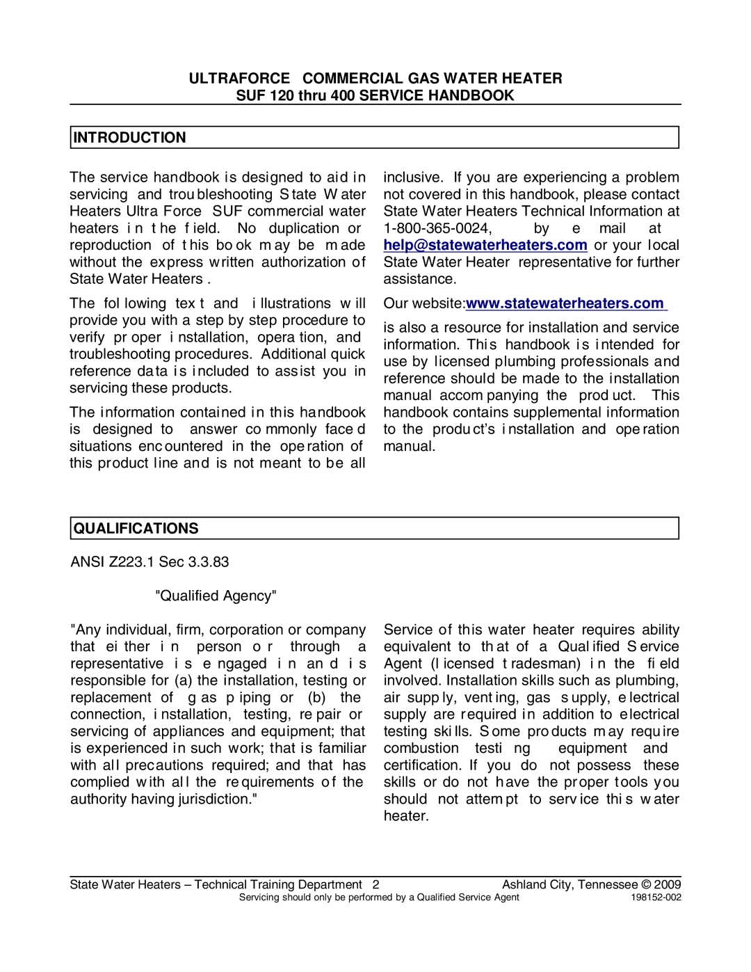 State Industries SUF100150, SUF100199 manual Introduction, Qualifications 