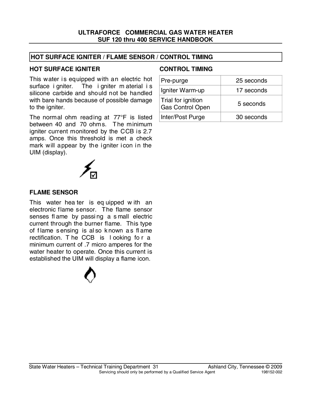 State Industries SUF100199, SUF100150 manual HOT Surface Igniter / Flame Sensor / Control Timing 