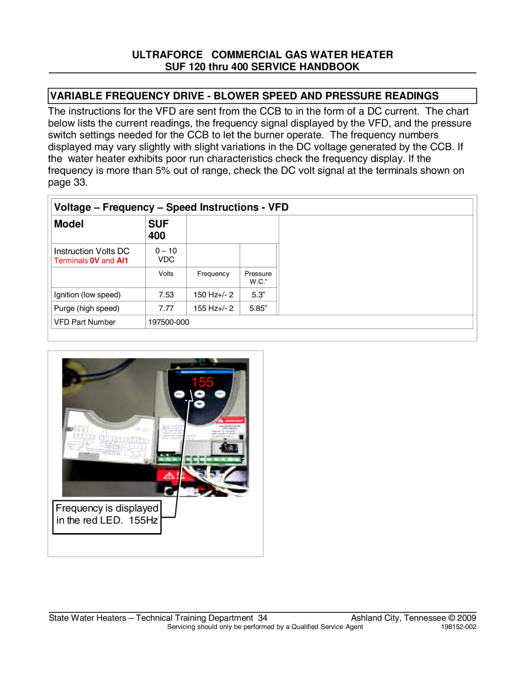 State Industries SUF100150, SUF100199 manual Variable Frequency Drive Blower Speed and Pressure Readings, Suf, 400 