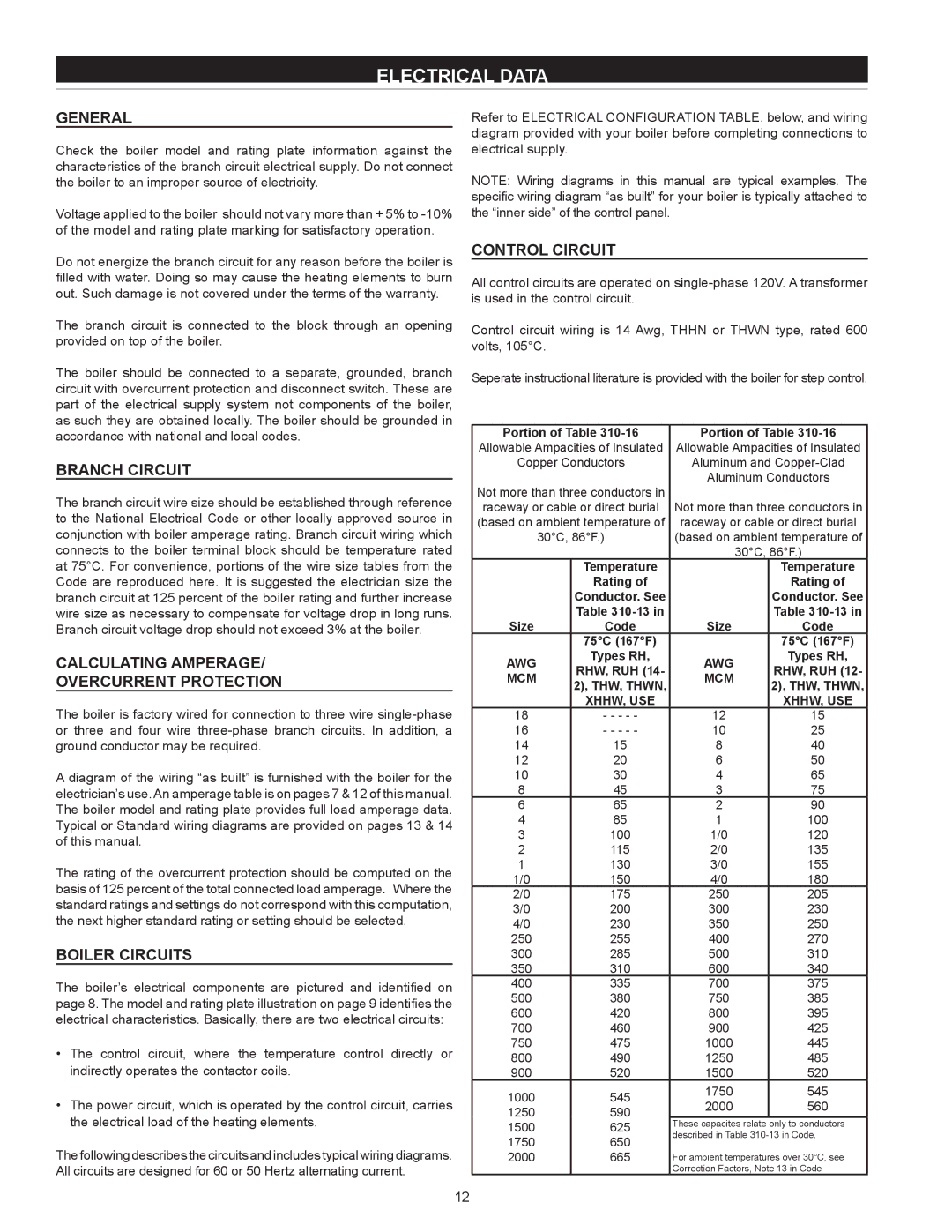 State Industries SW 37-670 Electrical Data, Branch Circuit, Calculating Amperage Overcurrent Protection, Boiler Circuits 