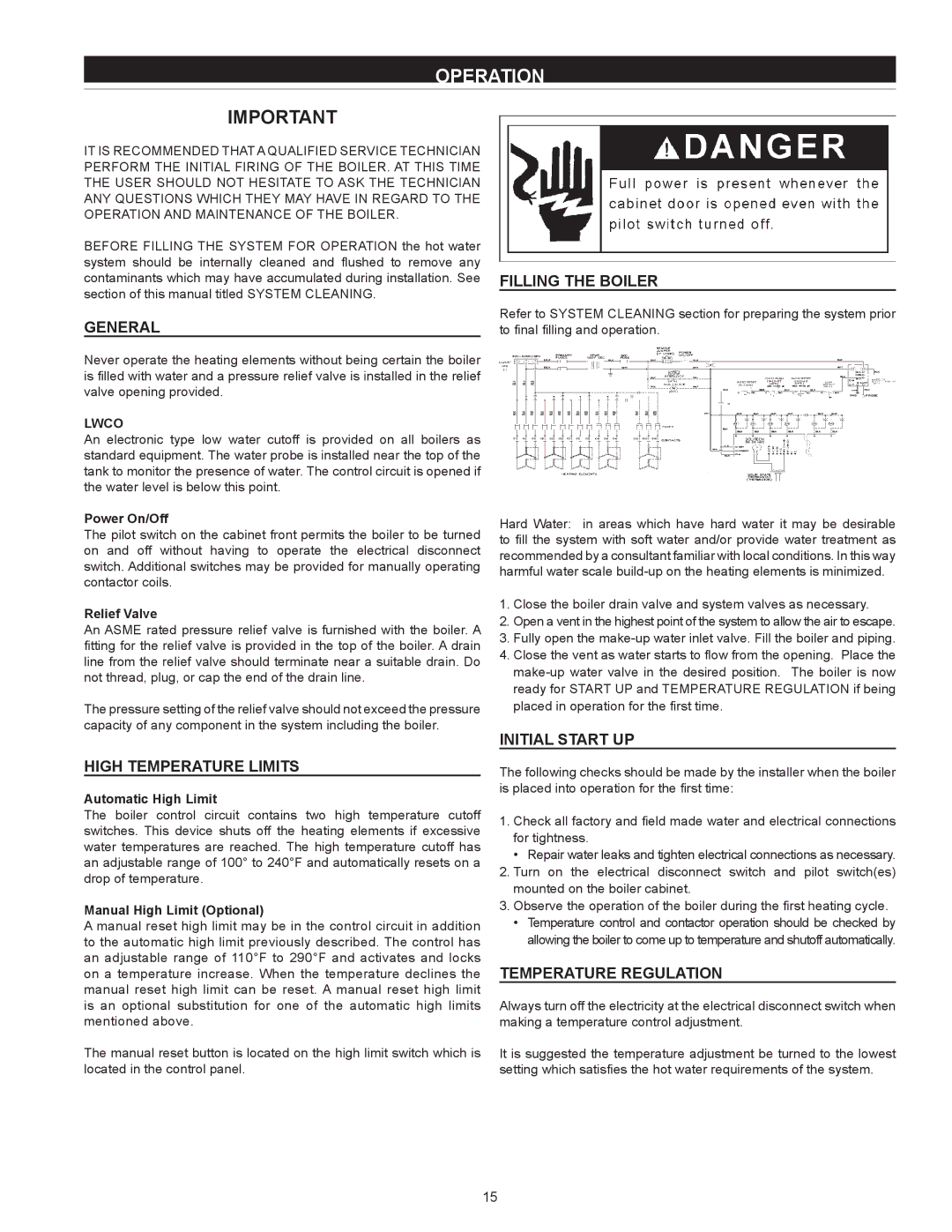 State Industries SW 37-670 instruction manual Operation, Filling the Boiler, Initial Start UP, High Temperature Limits 