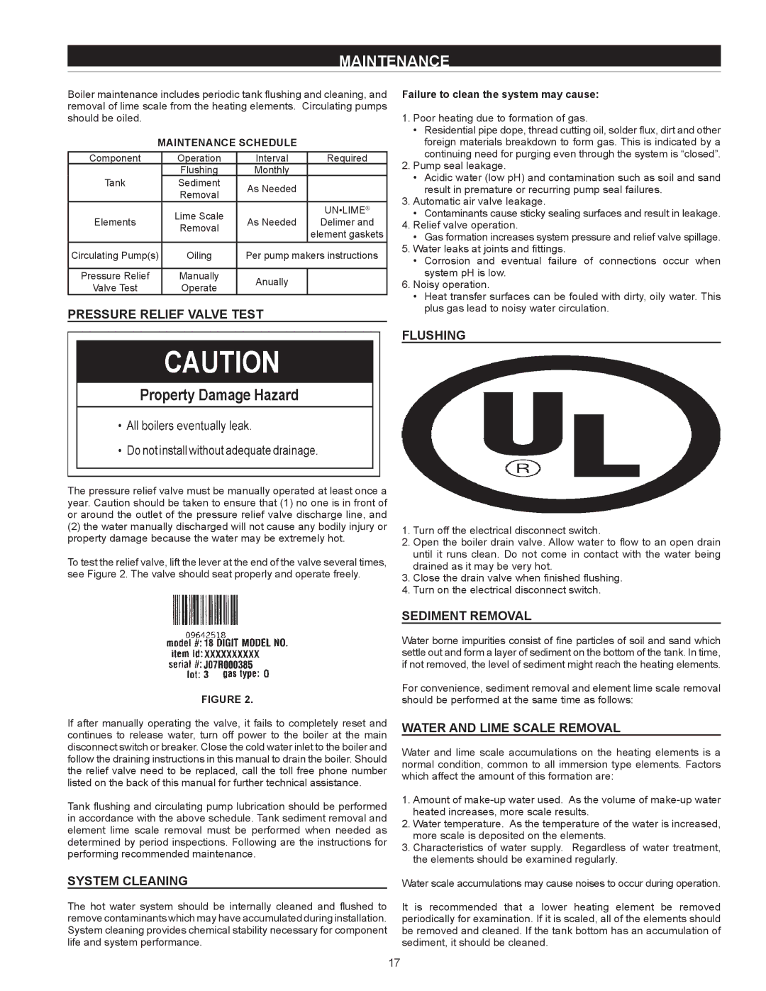 State Industries SW 37-670 instruction manual Maintenance, Flushing, Sediment Removal, Water and Lime Scale Removal 