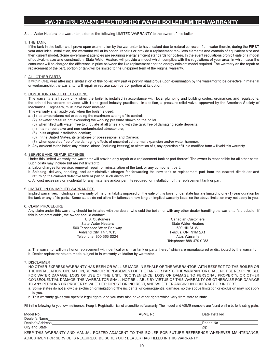 State Industries SW 37-670 instruction manual SW-37 Thru SW-670 Electric HOT Water Boiler Limited Warranty 