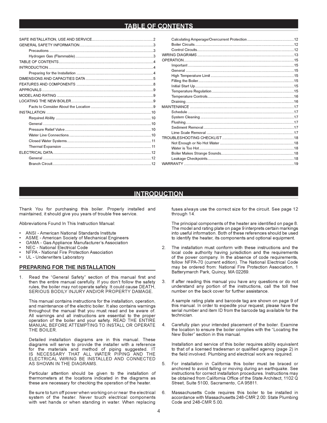 State Industries SW 37-670 instruction manual Table of Contents, Introduction 