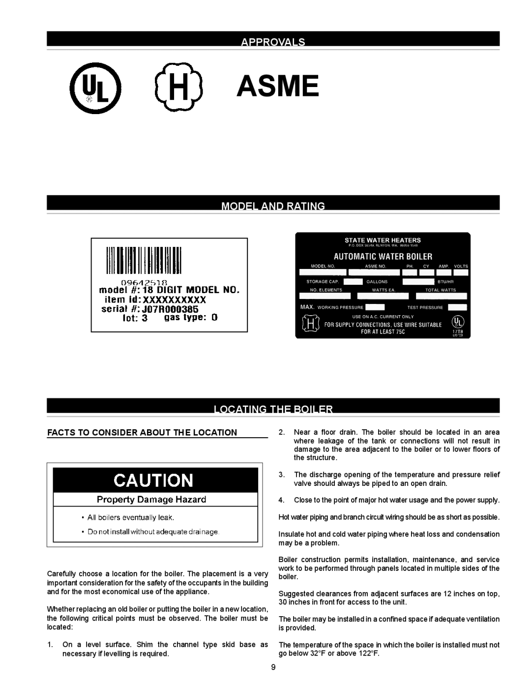 State Industries SW 37-670 Approvals, Model and Rating Locating the Boiler, Facts to Consider About the Location 