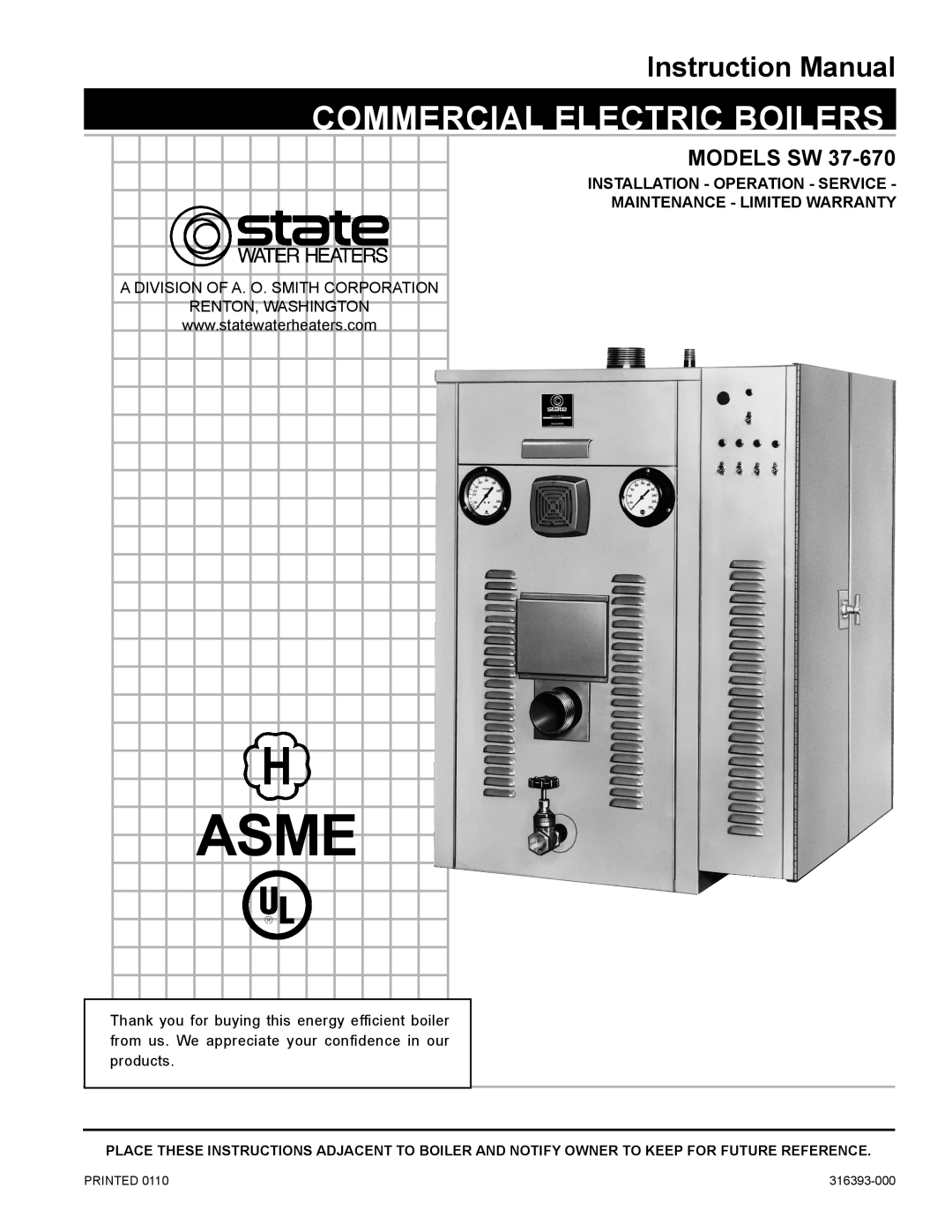 State Industries SW 37-670 instruction manual A Division Of A. O. Smith Corporation, Asme, Commercial Electric Boilers 