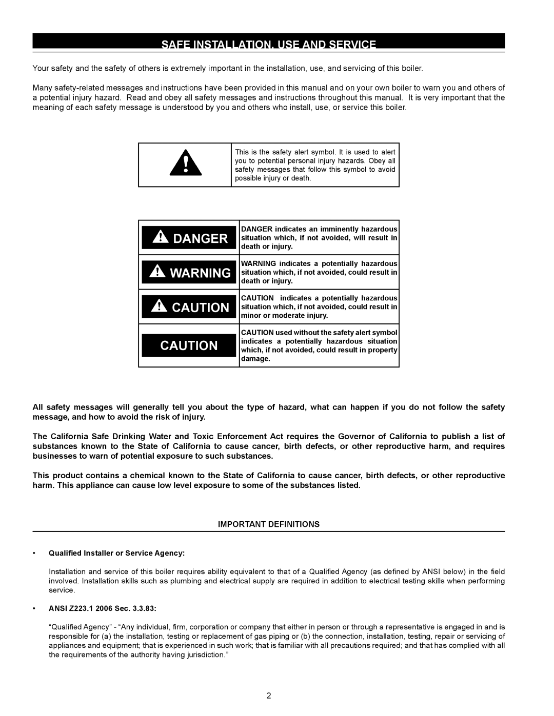 State Industries SW 37-670 instruction manual Safe Installation, Use And Service, Danger 