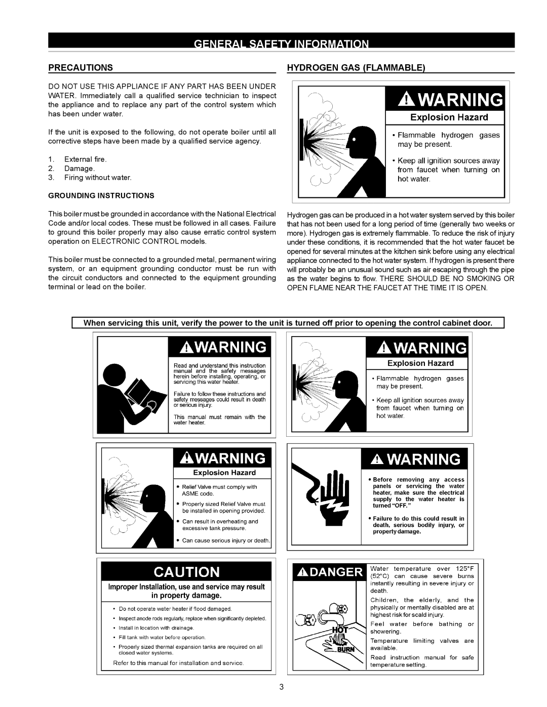 State Industries SW 37-670 General Safety Information, Precautions, Hydrogen Gas Flammable, Grounding Instructions 