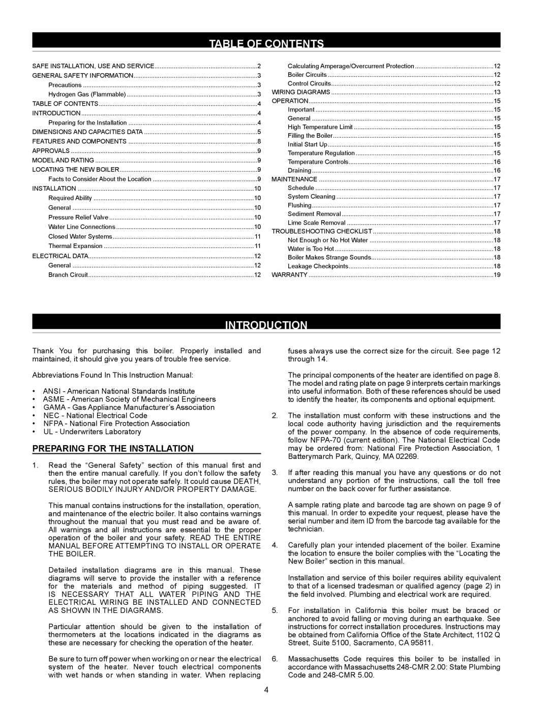 State Industries SW 37-670 instruction manual Table Of Contents, Introduction, Preparing for the Installation 