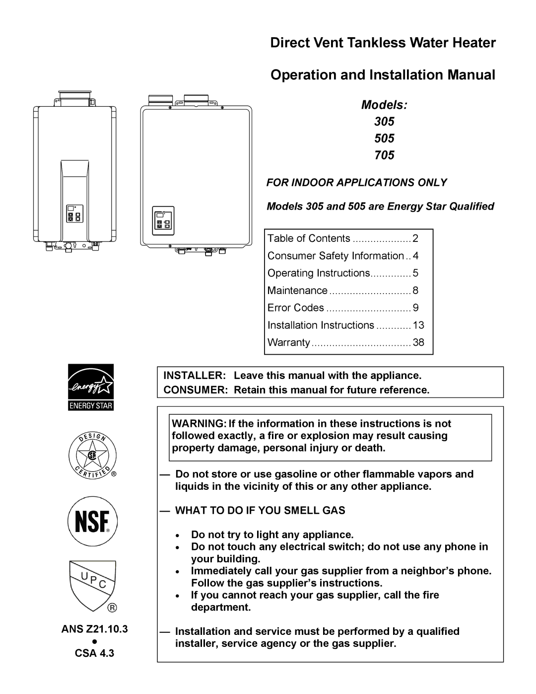 State Industries 705 Series 200, U287-084 installation manual Models 305 505 705, ANS Z21.10.3 CSA 