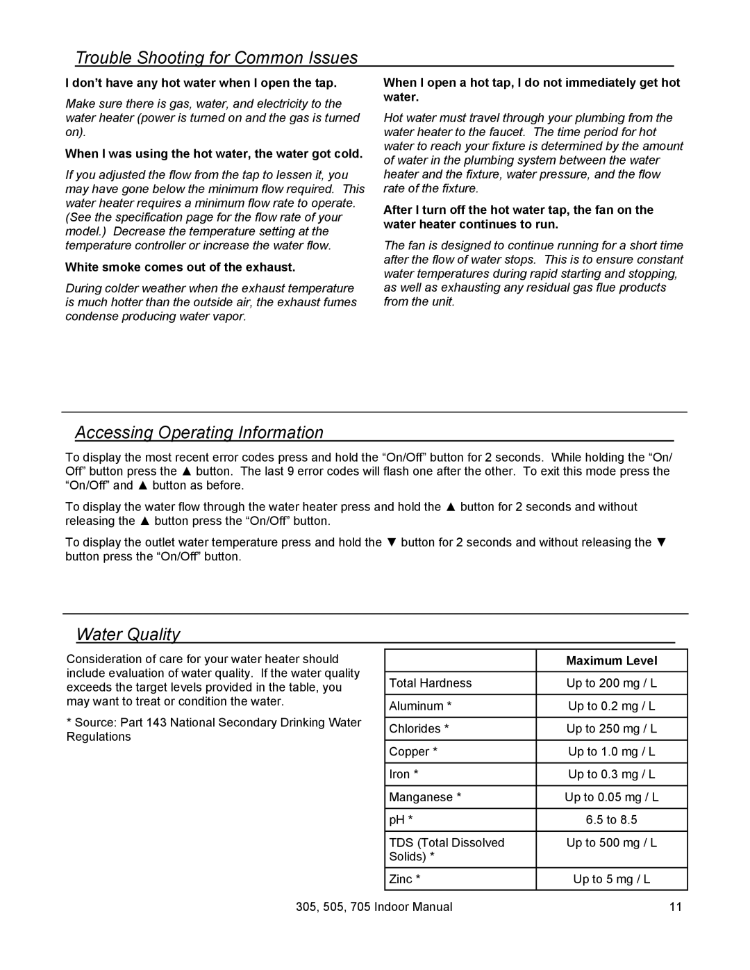 State Industries 705 Series 200 Trouble Shooting for Common Issues, Accessing Operating Information, Water Quality 