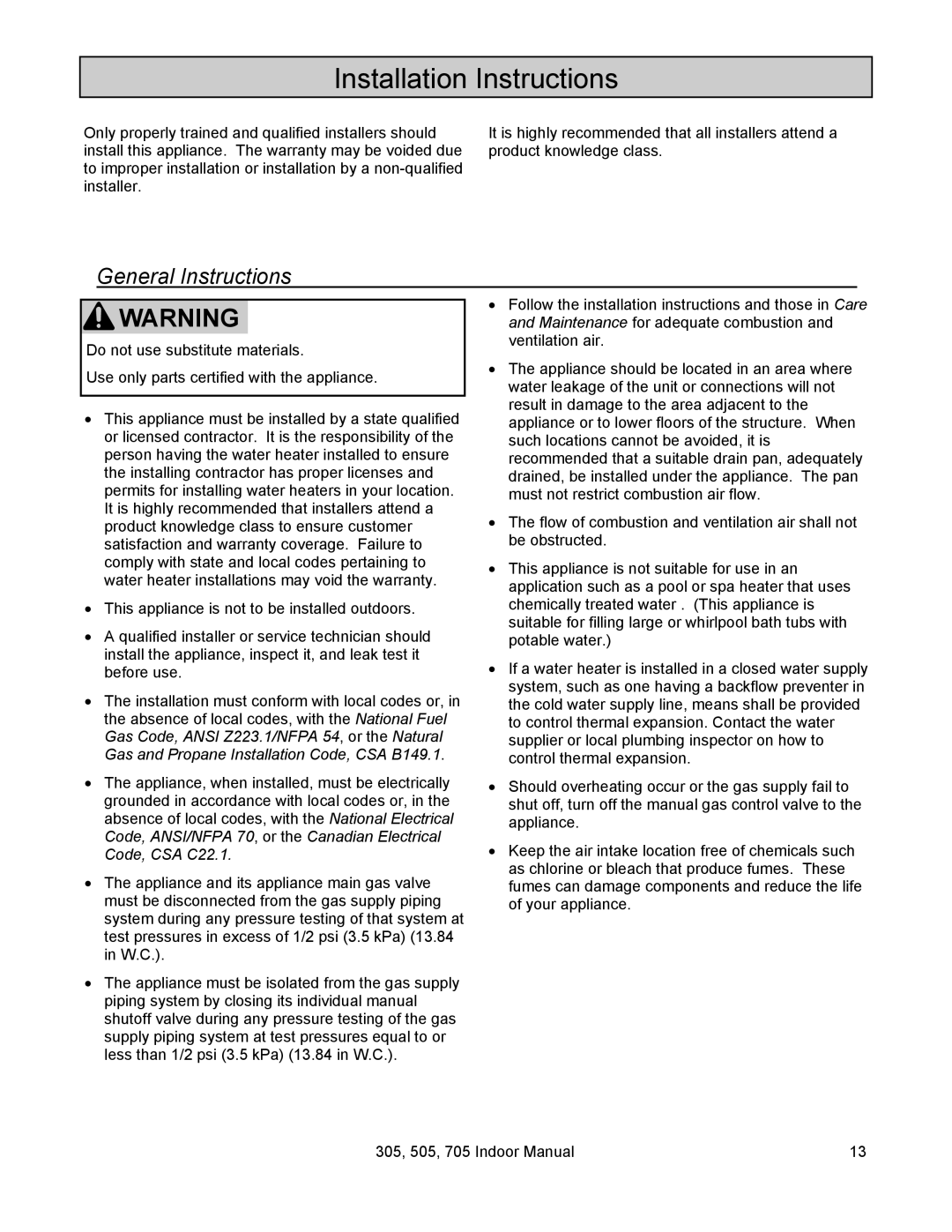 State Industries 705 Series 200, U287-084 installation manual Installation Instructions, General Instructions 