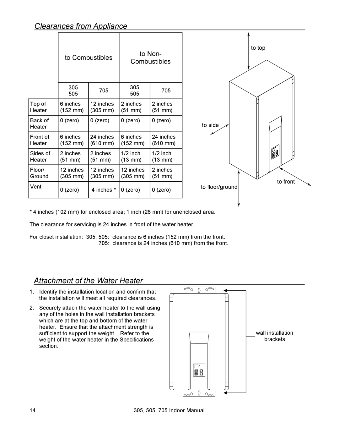 State Industries U287-084, 705 Series 200 installation manual Clearances from Appliance, Attachment of the Water Heater 