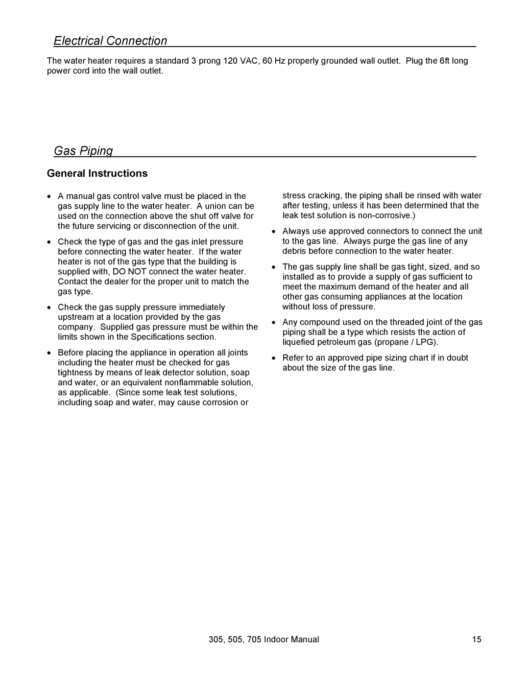 State Industries 705 Series 200, U287-084 installation manual Electrical Connection, Gas Piping, General Instructions 