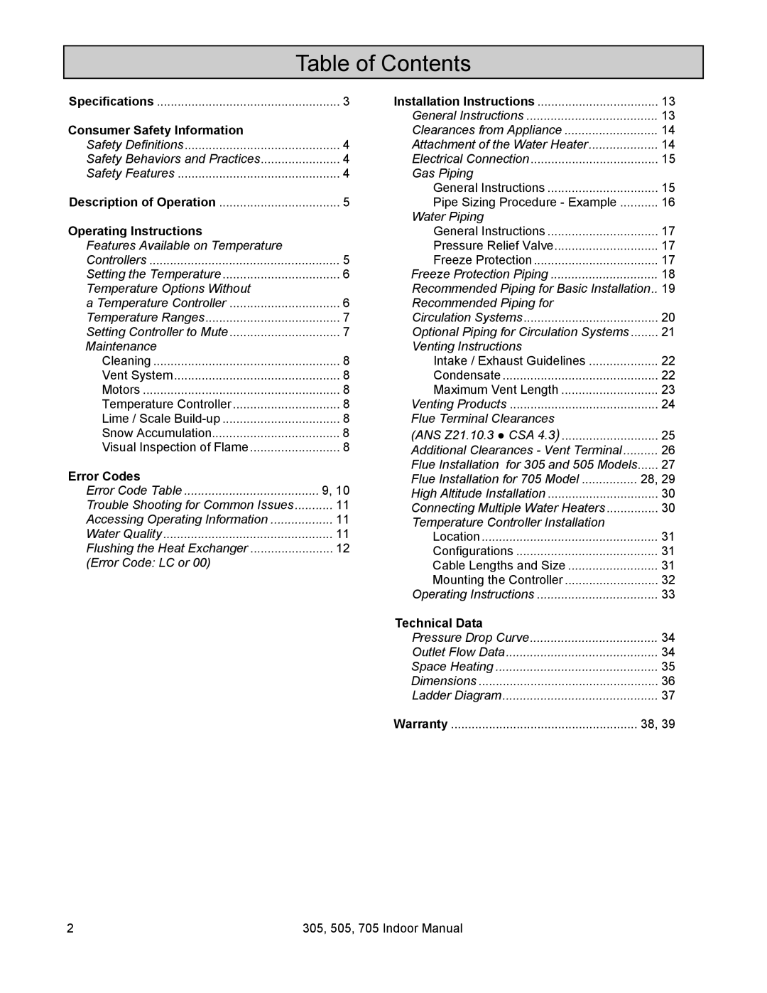 State Industries U287-084, 705 Series 200 installation manual Table of Contents 