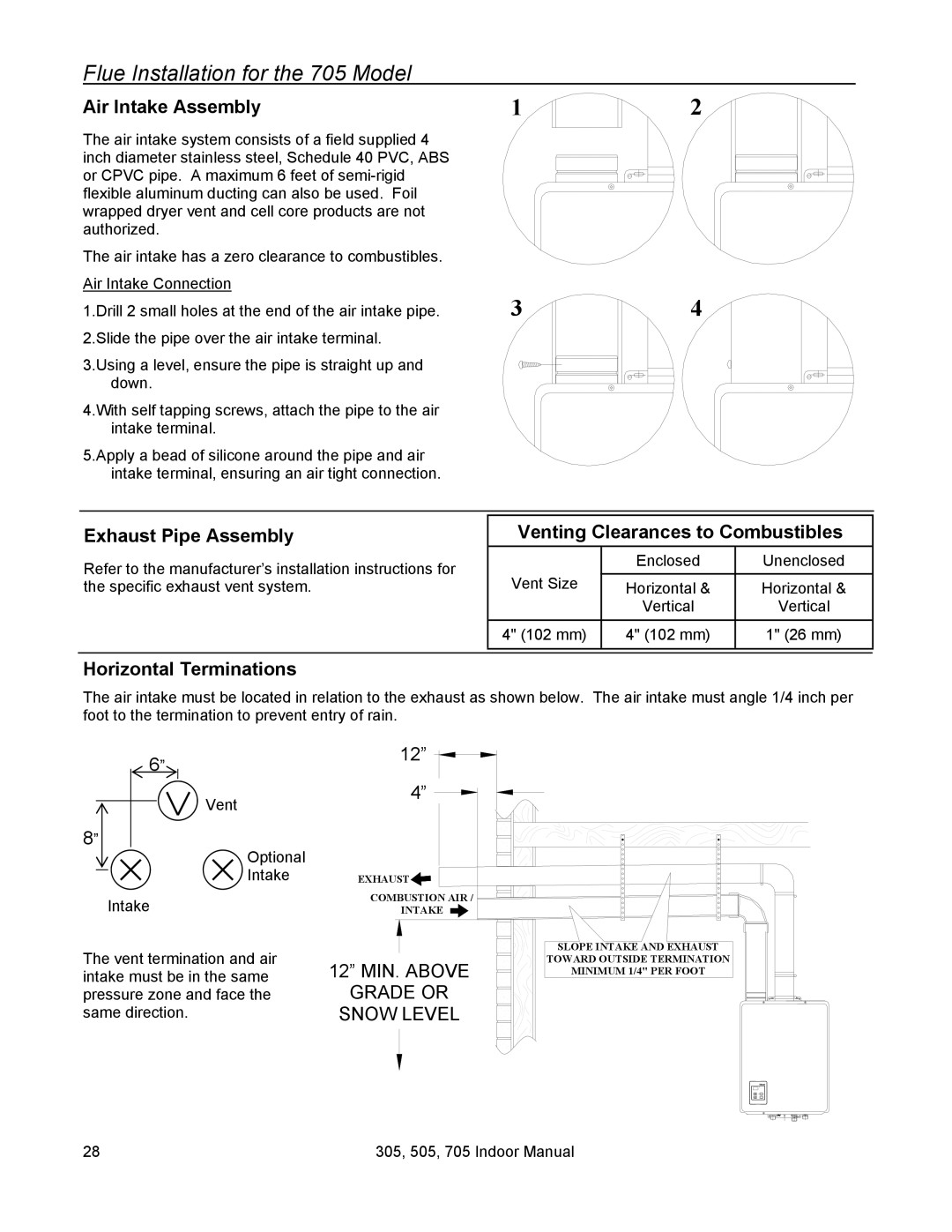 State Industries U287-084, 705 Series 200 Flue Installation for the 705 Model, Air Intake Assembly, Exhaust Pipe Assembly 