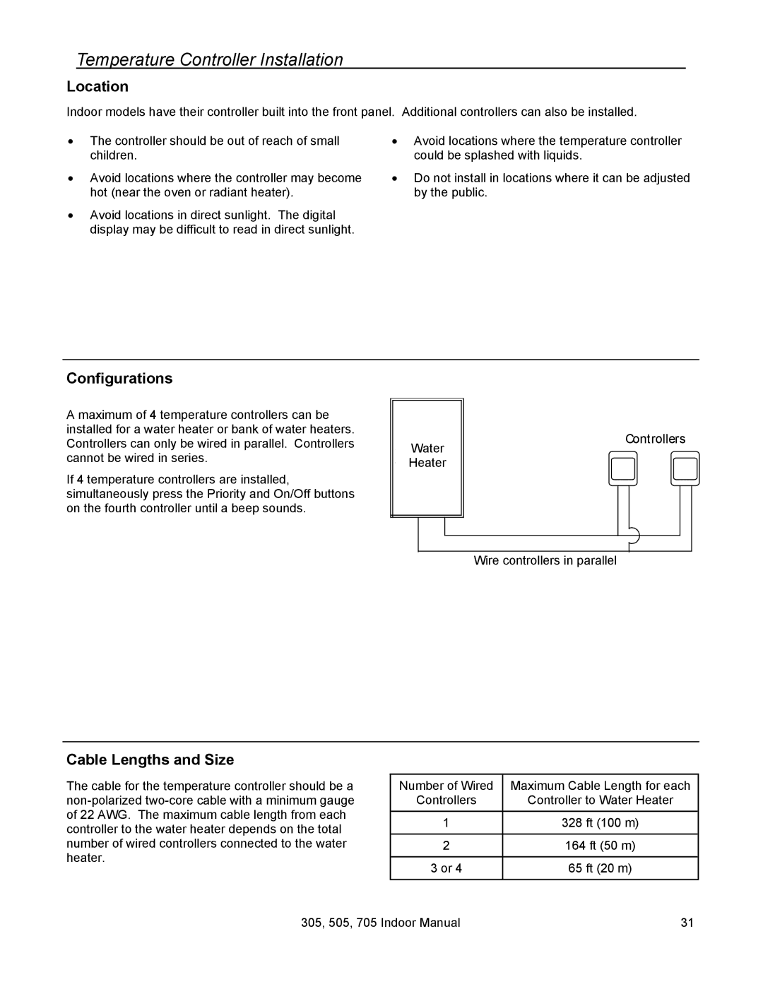 State Industries 705 Series 200 Temperature Controller Installation, Location, Configurations, Cable Lengths and Size 