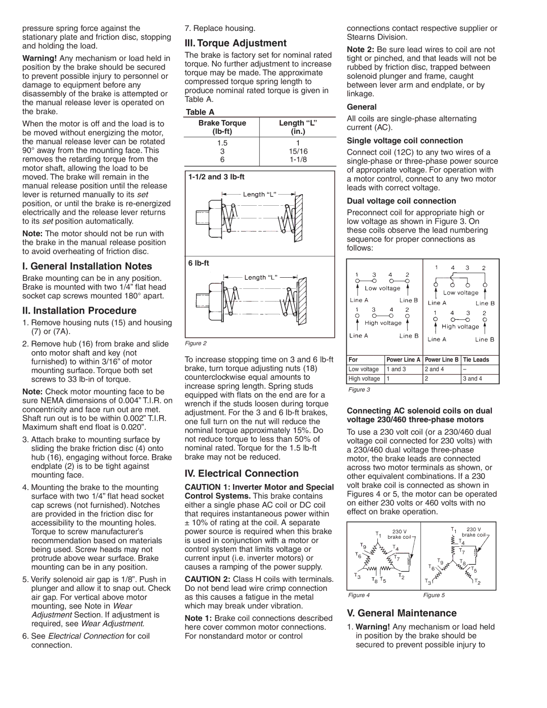 Stearns 1-048-161 General Installation Notes, II. Installation Procedure, III. Torque Adjustment, General Maintenance 