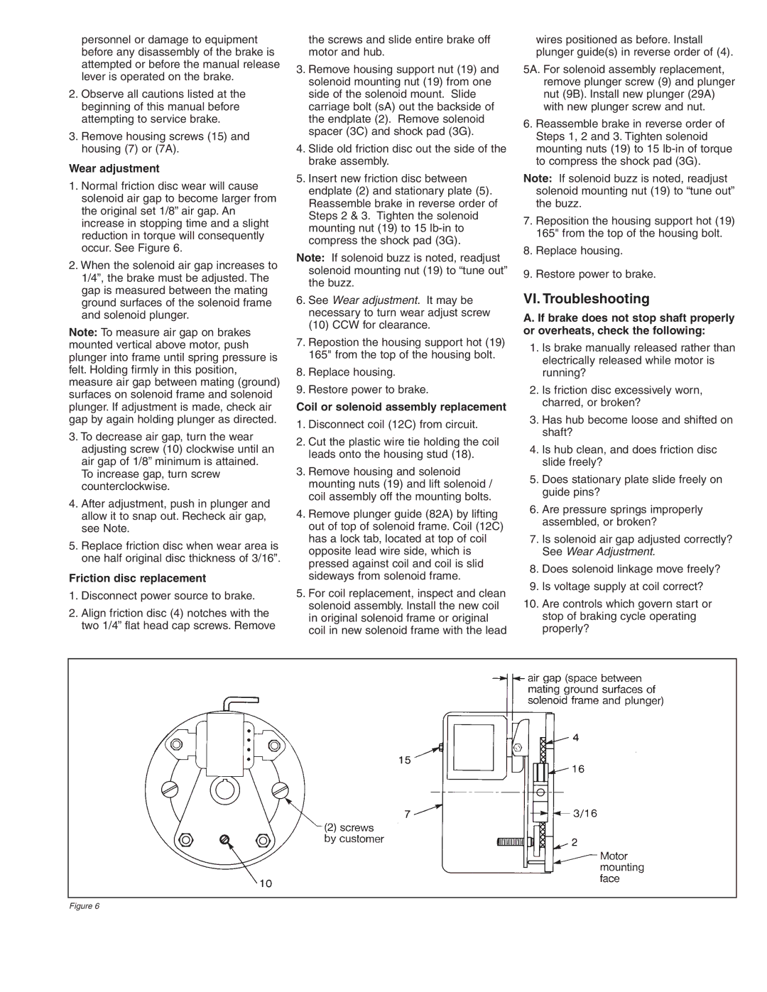 Stearns 1-048-171 VI. Troubleshooting, Wear adjustment, Friction disc replacement, Coil or solenoid assembly replacement 