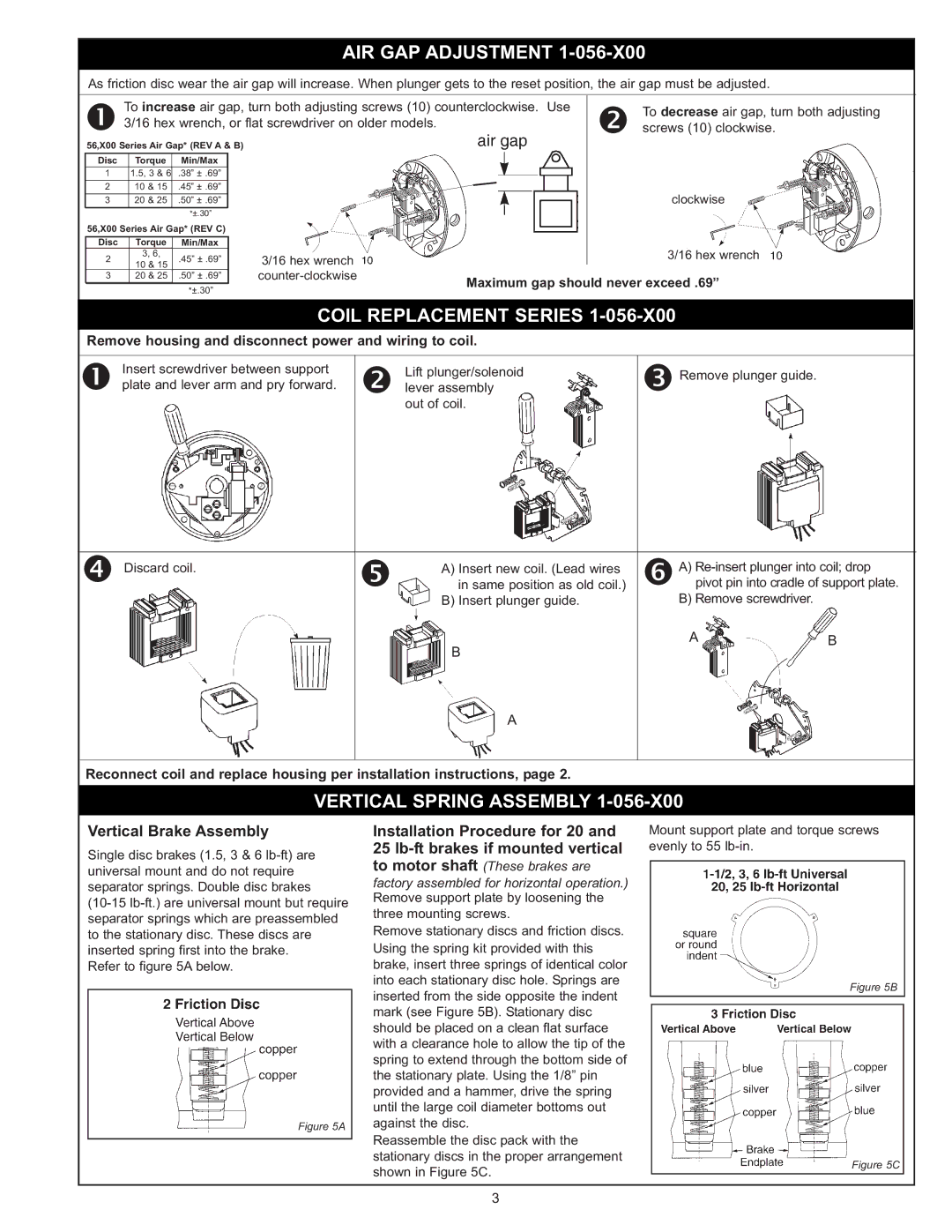 Stearns 1-056-X00 manual AIR GAP Adjustment, Coil Replacement Series, Vertical Spring Assembly, Vertical Brake Assembly 