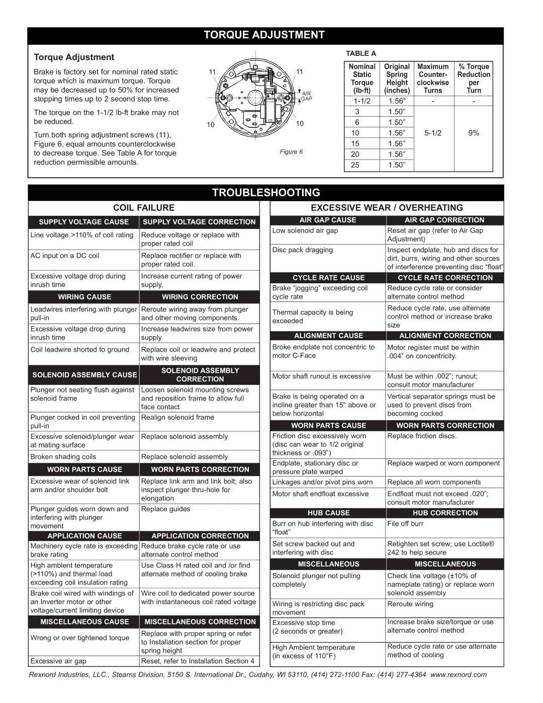 Stearns 1-056-X00 manual Torque Adjustment, Troubleshooting 