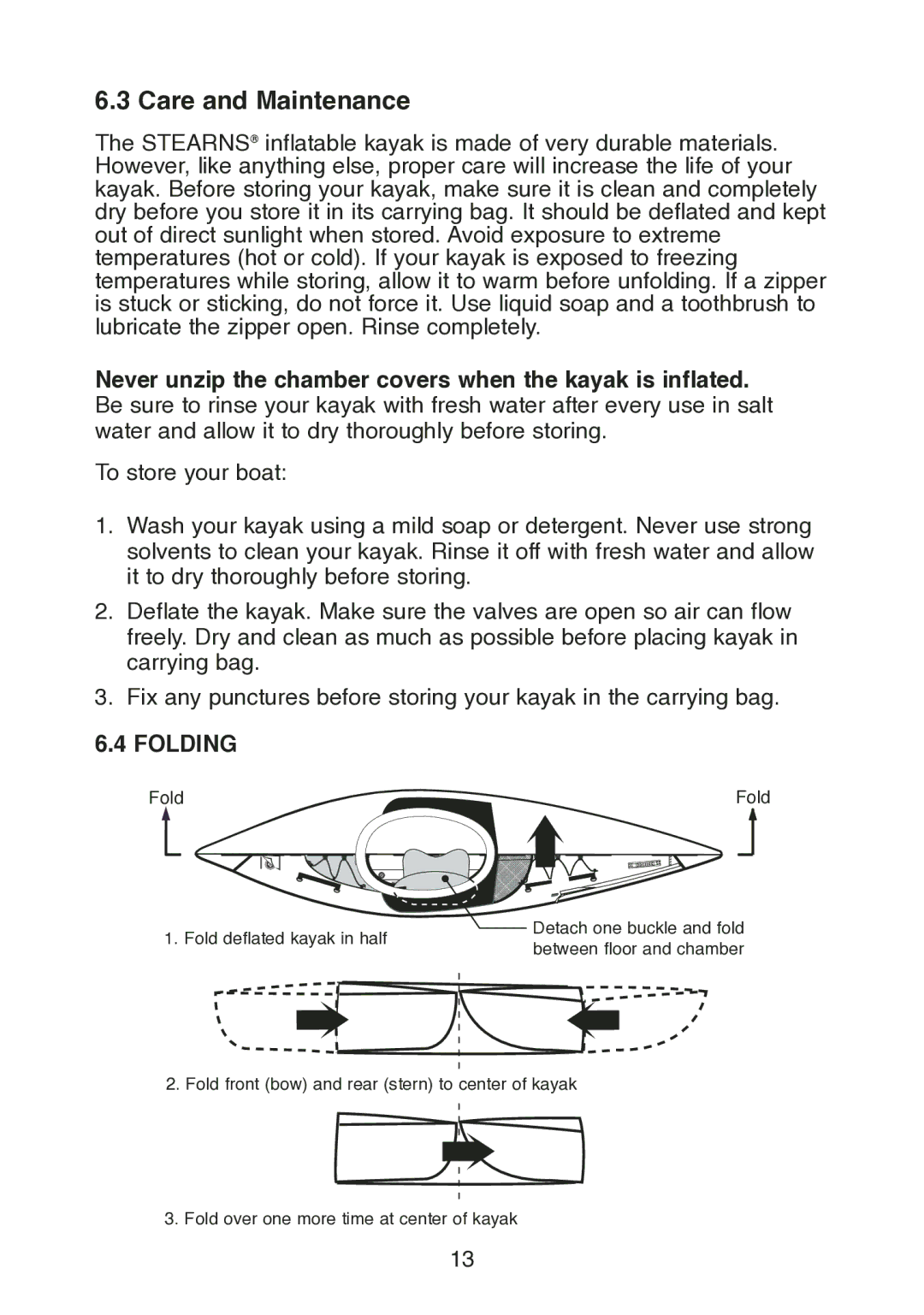 Stearns B523 manual Care and Maintenance, Folding 