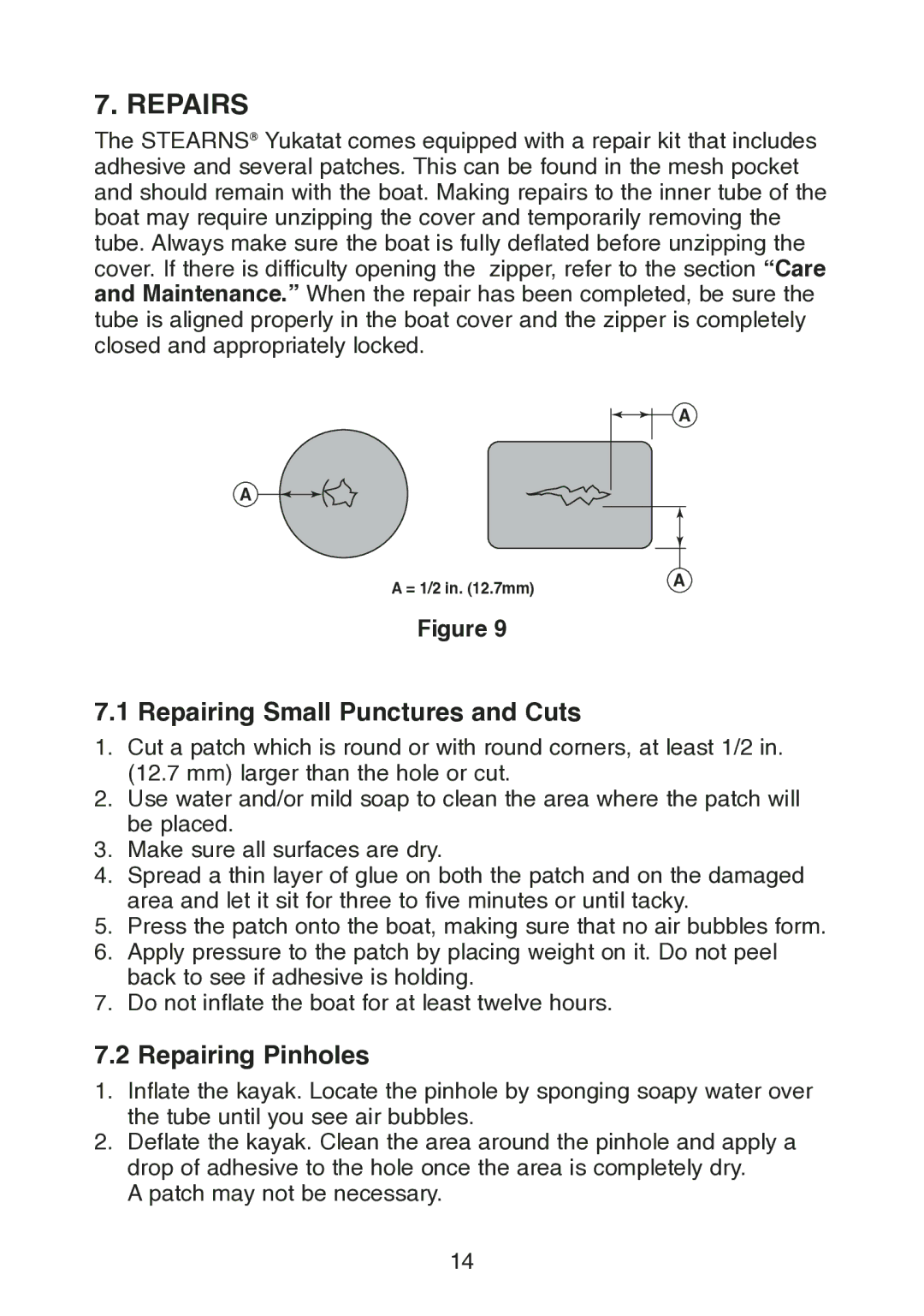 Stearns B523 manual Repairs, Repairing Small Punctures and Cuts, Repairing Pinholes 